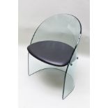 A SHAPED PLATE GLASS CHAIR with upholstered seat