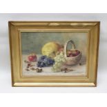 G. CLARE Still life of a basket and fruit, Oil painting on canvas, signed, 35cm x 50cm, in gilt