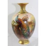 A ROYAL WORCESTER BALUSTER VASE hand painted with peacock decoration, signed Sedgley, circa 1916 (