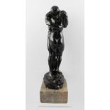 A 20TH CENTURY BRONZED STATUE OF ADAM AND EVE, on polished stone base, 34.5cm high