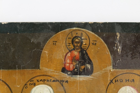 LATE 19TH CENTURY RUSSIAN SCHOOL A Portrait Icon of eight standing under God on high, Oil on pine - Image 2 of 6