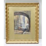 SOPHIE D'OUSELEY MEREDITH A street scene under an archway with various people promenading and