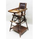 A "WESTWOOD'S BABYLAND" STAINED POLISHED BEECH METAMORPHIC CHILD'S HIGH CHAIR, converts into a metal