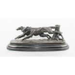 A 20TH CENTURY CAST PATINATED BRONZE MODEL OF RUNNING BORZOI DOGS, in the manner of "Barye", on