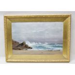 H**S** CHEVILAR "Stormy Beach Scene", with waves breaking against the rocks, Oil painting on