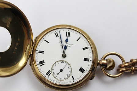 J.W. BENSON LTD. OF LUDGATE HILL, LONDON A 9CT GOLD HALF HUNTER CASED POCKET WATCH, having white - Image 5 of 9