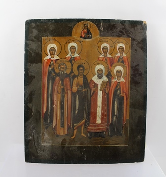 LATE 19TH CENTURY RUSSIAN SCHOOL A Portrait Icon of eight standing under God on high, Oil on pine
