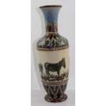 A LATE VICTORIAN DOULTON LAMBETH STONEWARE VASE by Hannah Barlow, the elongated baluster form