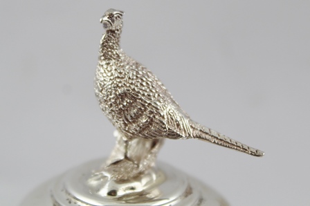 AN EARLY 21ST CENTURY SILVER MOUNTED CORK BOTTLE STOPPER with a cast pheasant knop, Birmingham 2004, - Image 2 of 3