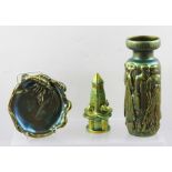 A ZSOLNAY GREEN IRIDESCENT GLAZED EOSIN VASE, moulded with foundry men in the round, factory mark to