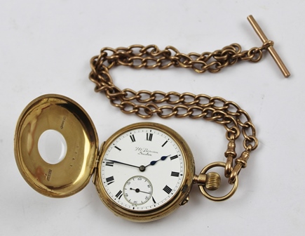 J.W. BENSON LTD. OF LUDGATE HILL, LONDON A 9CT GOLD HALF HUNTER CASED POCKET WATCH, having white