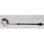 A GEORGE II SILVER TODDY LADLE the bowl with opposing pouring lips, London 1747, mounted on a ring