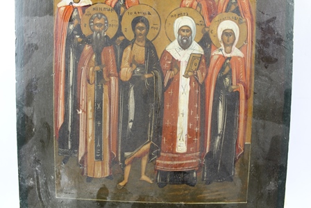 LATE 19TH CENTURY RUSSIAN SCHOOL A Portrait Icon of eight standing under God on high, Oil on pine - Image 5 of 6