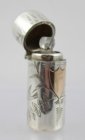 GEORGE HEATH A VICTORIAN SILVER CYLINDRICAL SCENT BOTTLE engraved with birds and butterfly amidst