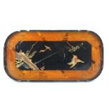 A JAPANESE LACQUER AND PARQUETRY GALLERY TRAY, the central panel of gilded birds and blossoms,