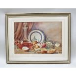 MICHAEL L. BECK Still life with fruit, decanter, glass of port, mistletoe, Watercolour, signed, 34 x