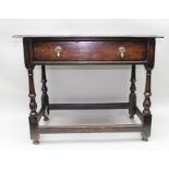 AN 18TH CENTURY OAK PLANK TOP SIDE TABLE, fitted single drawer with brass tear drop handles,