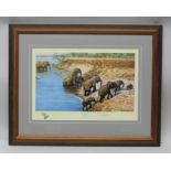 AFTER DAVID SHEPHERD OBE "The Crossing" featuring elephants emerging from a river, a limited edition