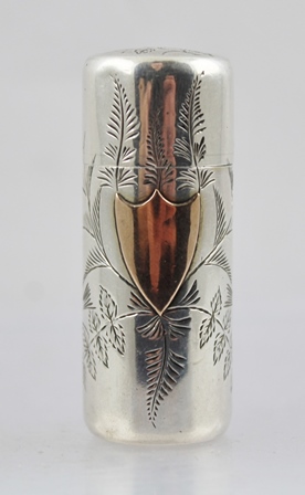 GEORGE HEATH A VICTORIAN SILVER CYLINDRICAL SCENT BOTTLE engraved with birds and butterfly amidst - Image 2 of 3