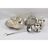 A SILVER PLATED TOAST RACK with oval integral crumb tray, having beaded rim, on scallop cast feet,