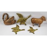 A SUITE OF THREE WALL MOUNTABLE CAST BRASS FLYING DUCKS, together with TWO COPPER MOULDS, one in the