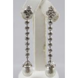 A PAIR OF 18CT WHITE GOLD PEARL AND DIAMOND DROP EARRINGS, stamped "18k", approximately 6.5cm long