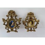 TWO FLORENTINE FRAMED PAINTED PORCELAIN PANELS, one depicts the Madonna, the other a fair haired