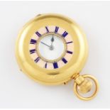 An 18ct yellow gold cased Edward & Sons crown wind half hunter fob watch, the white enamel dial