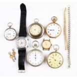 A lot to include three pocket watches, to include a stop watch, two fob watches, two wrist