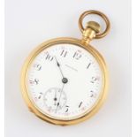 An 18ct yellow gold Waltham crown wind open face pocket watch, the white enamel dial having hourly