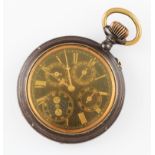 A gun metal crown wind open face calendar pocket watch, the black dial having hourly Roman numeral