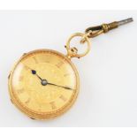 A Victorian 18ct yellow gold key wind open face fob watch, the gold tone dial having hourly Roman