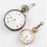 An 18k yellow gold crown wind open face fob watch, the white enamel dial having hourly Roman numeral