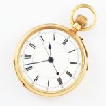 An 18ct yellow gold cased crown wind open face pocket watch, the white enamel dial having hourly