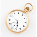 A 9ct rose gold crown wind open face pocket watch, the white enamel dial having hourly Roman numeral