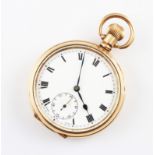 A gold plated crown wind open face pocket watch, the white enamel dial having hourly Roman numeral