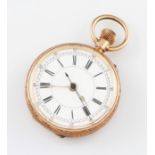 A 9k yellow gold cased crown wind open face fob watch, the white enamel dial having hourly Roman