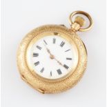 A 14k yellow gold crown wind open face fob watch, the white enamel dial having hourly Roman