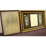 A reproduction wall mirror with classical figure design plus framed 1913 Belgium diploma.