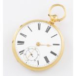 A Victorian 18ct yellow gold cased key wind open face pocket watch, the white enamel dial having