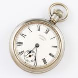 A white metal Ingersoll Crown crown wind open face pocket watch, the white dial having hourly Roman