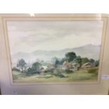 Two framed watercolours of landscapes, signed M. WADEY and a leather gladstone bag.