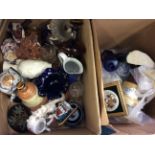 Two boxes of mixed items to include a cobalt blue medicine bottle, Bell's whiskey decanter, glass