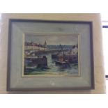 A framed Jeremy King 1996 oil on canvas depicting a seaside town.