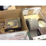 Two boxes of assorted mantle and wall clocks with spare parts.