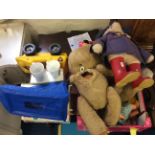 A selection of soft toys, a toy jeep, a mouse trap game, an Adleigh Elliott music box, a pair of