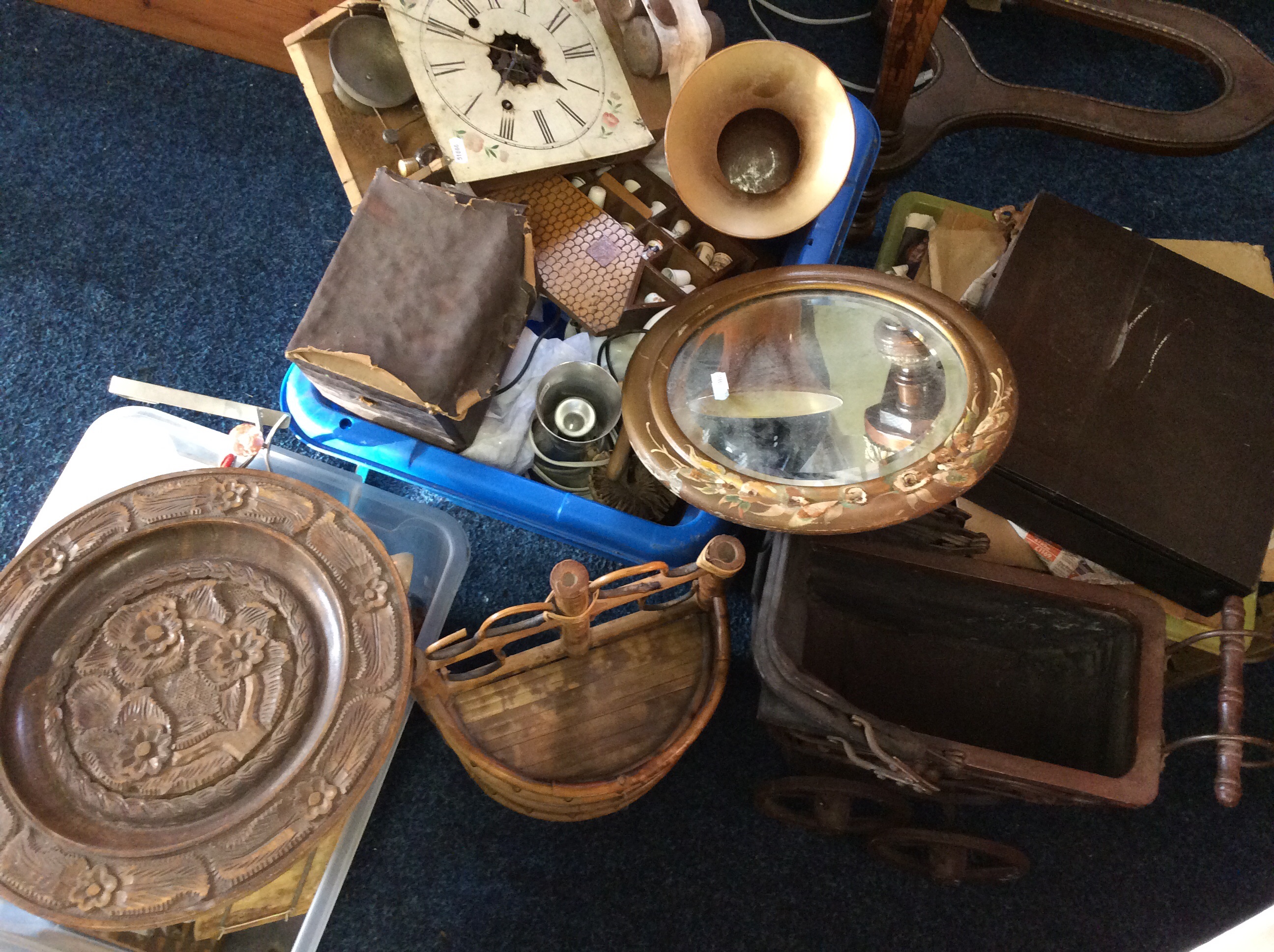 Three boxes of mixed house hold items to include mirror, carved wooden bowl, toy pram and thimbles.