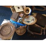 Three boxes of mixed house hold items to include mirror, carved wooden bowl, toy pram and thimbles.