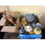 Two boxes of mixed collectibles to include Wedgewood, Babycham drinking glasses, horse figurines,
