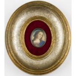 Framed, indistinctly signed, portrait miniature on ivory, bust length study of Mary in blue veil,